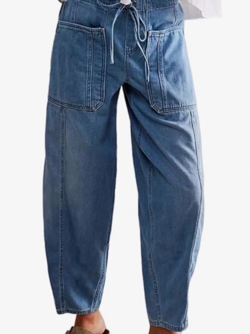Relaxed Drawstring Jeans in Blue Denim